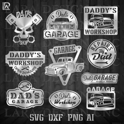 DAD&#39;S GARAGE SIGNS BUNDLE - DXF - SVG - PDF - AI