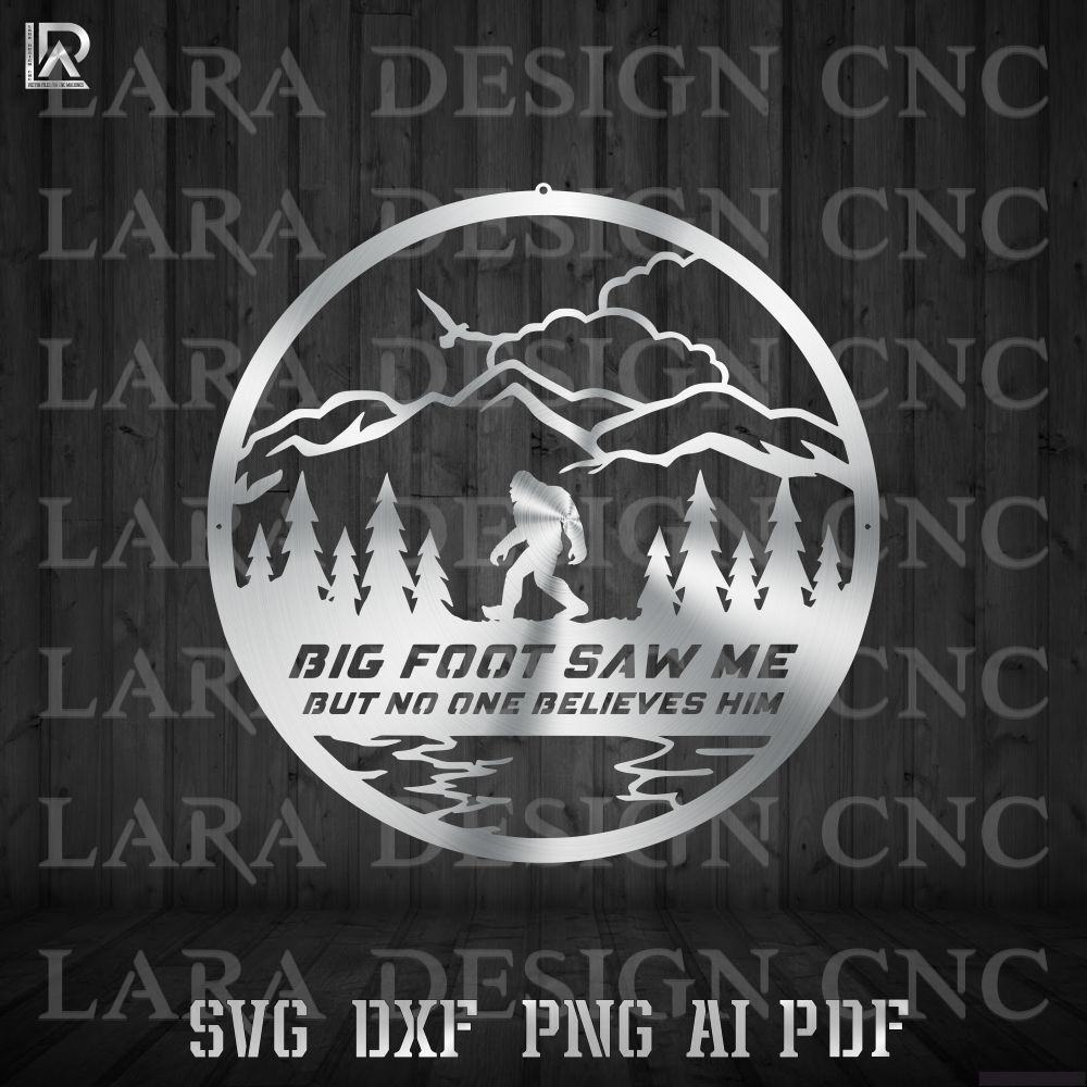 Round Bigfoot saw me mountain scene metal wall art design for CNC plasma and laser cutting, free DXF SVG download