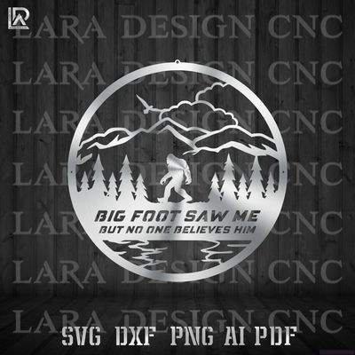 Round Bigfoot saw me mountain scene metal wall art design for CNC plasma and laser cutting, free DXF SVG download