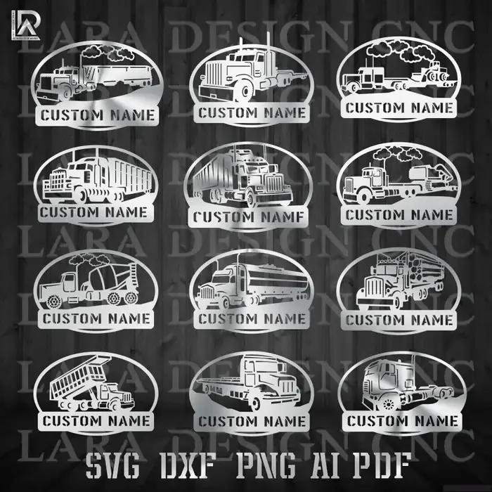 Truck monogram bundle DXF and SVG files for CNC plasma; 25 cut-ready truck silhouette designs in AI and PDF formats 