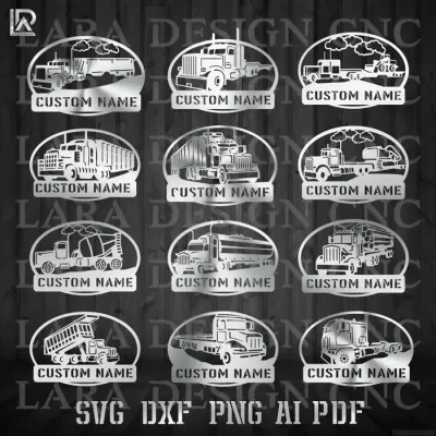 Truck monogram bundle DXF and SVG files for CNC plasma; 25 cut-ready truck silhouette designs in AI and PDF formats 