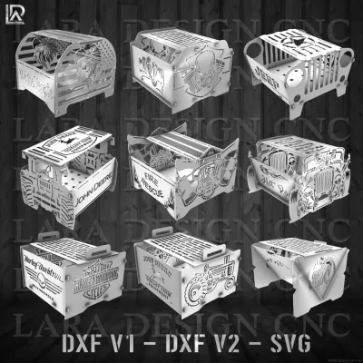 CNC fire pit plans bundle in DXF, SVG, and PDF formats, showing multiple vehicle and themed fire pit designs 