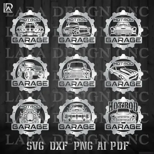Hot Rod Garage design bundle featuring vintage muscle cars, pistons, and retro flames. Perfect for metal shop wall art.