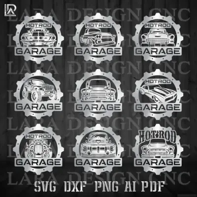 Hot Rod Garage design bundle featuring vintage muscle cars, pistons, and retro flames. Perfect for metal shop wall art.
