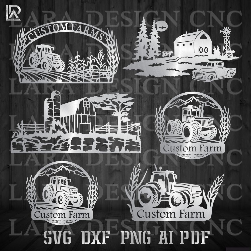 Large collection of farm and ranch CNC sign designs; featured DXF and SVG files including cattle silhouettes and rustic barn 