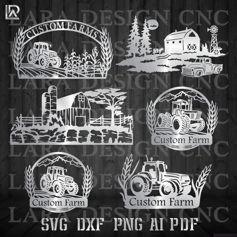 Large collection of farm and ranch CNC sign designs; featured DXF and SVG files including cattle silhouettes and rustic barn 