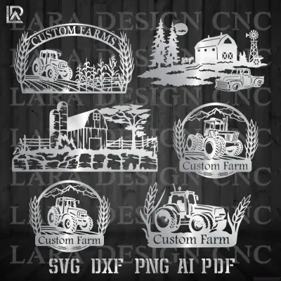 Large collection of farm and ranch CNC sign designs; featured DXF and SVG files including cattle silhouettes and rustic barn 