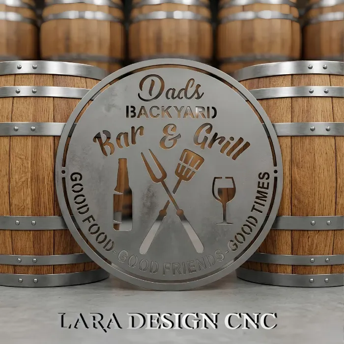 Dad's Backyard Bar and Grill metal sign CNC plasma cut out hanging on a rustic patio wall.