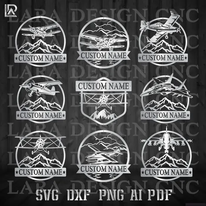 Aviation monogram bundle with personalized airplane designs; high-quality DXF and SVG files for CNC plasma and laser cutting 