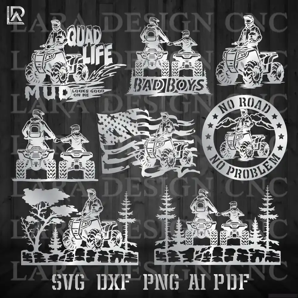 ATV quad bike designs bundle with 8 DXF, SVG, AI, PNG and PDF vector files for CNC plasma and laser cutting by Lara Design 