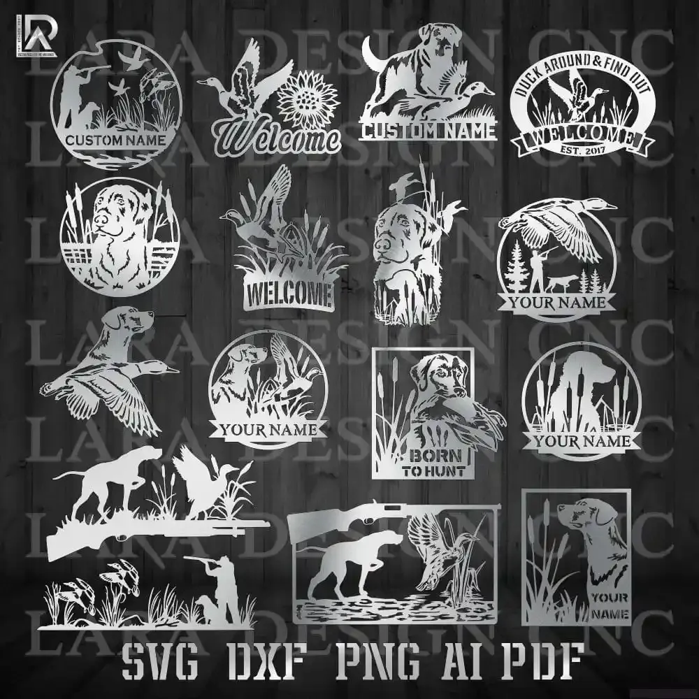 Hunting retriever and ducks signs bundle with DXF, SVG, PNG, AI and PDF vector files for CNC plasma and laser cutting 
