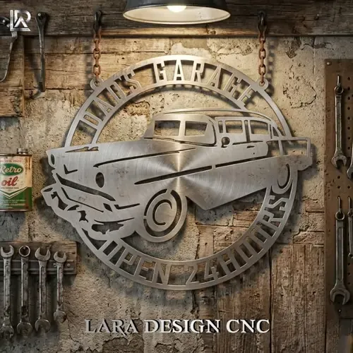 Realistic metal sign mockup for CNC cut file; brushed steel Dad's Garage design with a classic car and 'Open 24 Hours' text