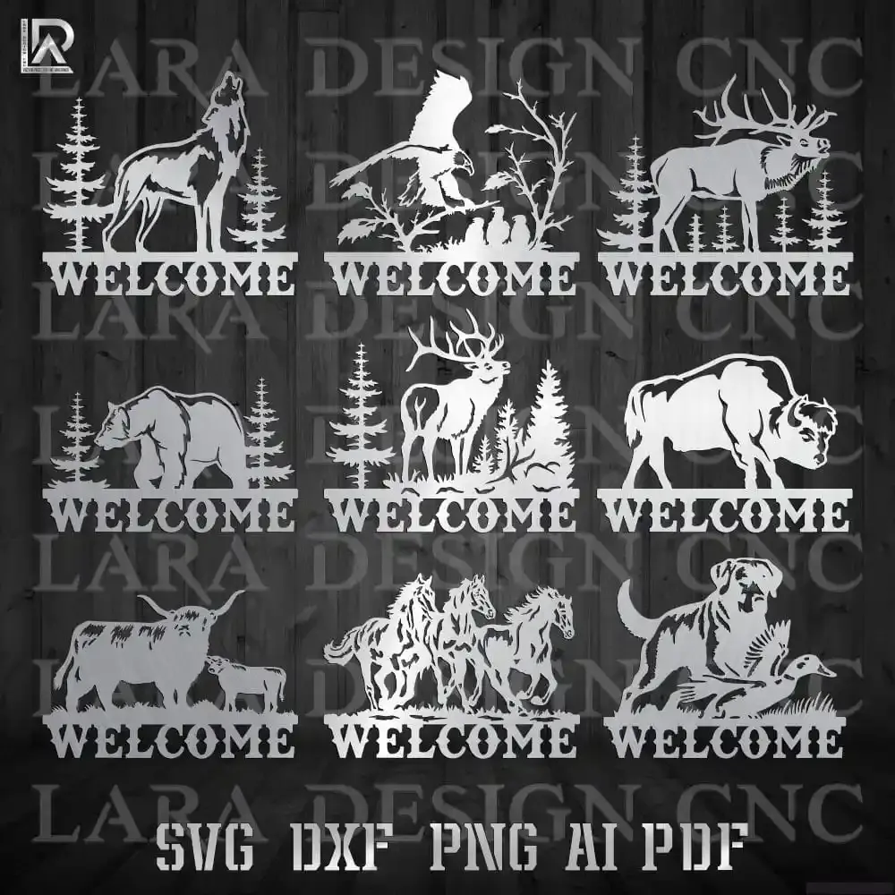 Wild animals welcome signs bundle with nine DXF, SVG, PNG, AI and PDF vector designs for CNC plasma and laser cutting by Lara
