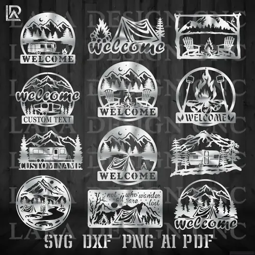 CNC plasma cut-ready camping monogram metal wall art design in DXF format featuring a mountain and pine tree silhouette.