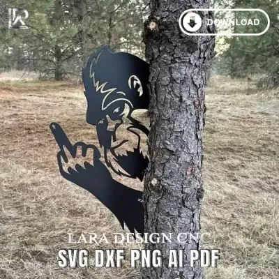 Peeking Bigfoot middle finger DXF file for CNC plasma; funny Sasquatch metal wall art template and SVG laser cut file.
