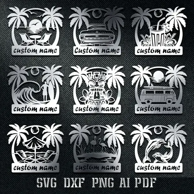 summer monogram DXF SVG AI PDF cut files for CNC plasma cutting - beach themed vector design instant download