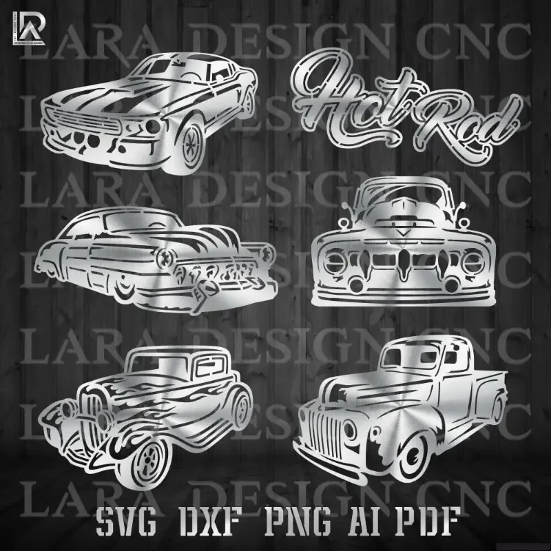 A digital preview grid of hot rod car vector designs in DXF and SVG formats, including classic vintage coupes and flame decal