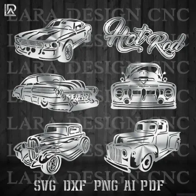 Hot Rod Cars CNC Cut File Bundle - DXF SVG PDF for Plasma & Laser A digital preview grid of hot rod car vector designs in DXF and SVG formats, including classic vintage coupes and flame decal