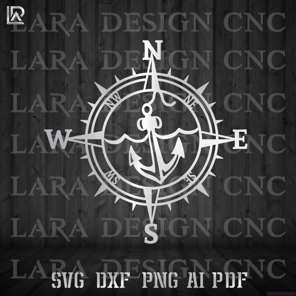 Nautical compass anchor silhouette in black, 18 inch round metal wall art design, free DXF SVG PDF AI file for CNC plasma and