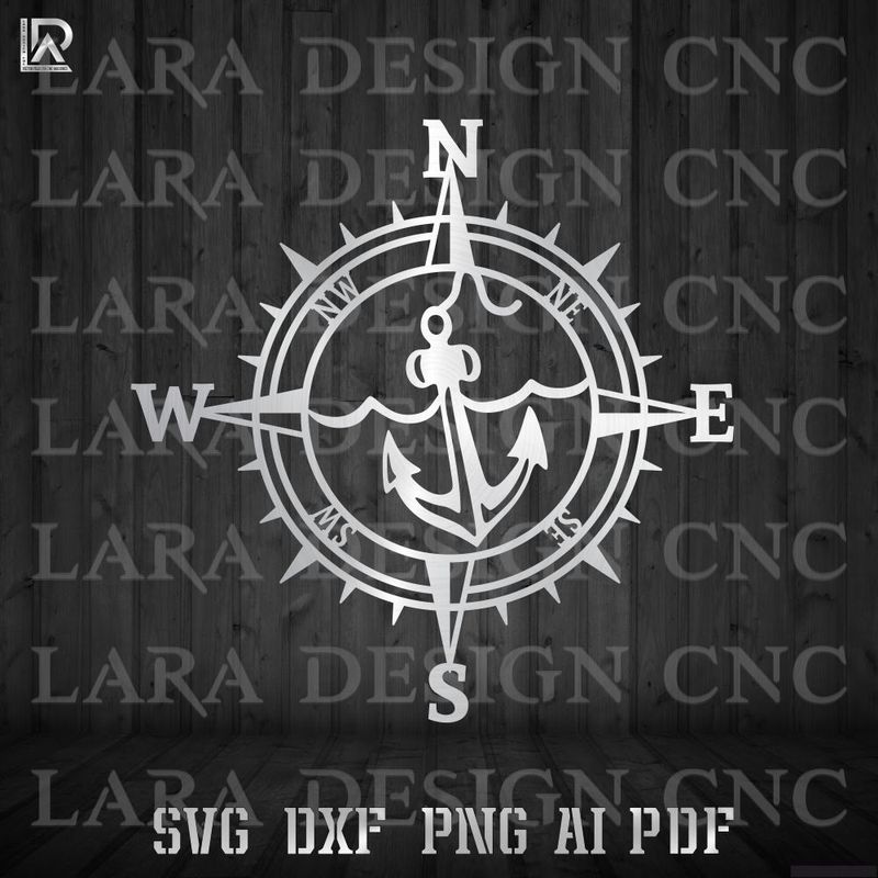Nautical compass anchor silhouette in black, 18 inch round metal wall art design, free DXF SVG PDF AI file for CNC plasma and