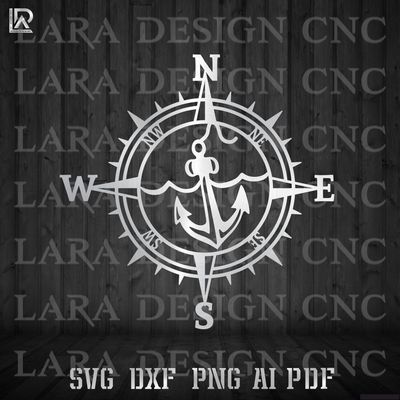Nautical compass anchor silhouette in black, 18 inch round metal wall art design, free DXF SVG PDF AI file for CNC plasma and
