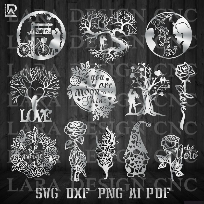 Romantic Valentine’s Day heart tree CNC design with couple silhouette, cut‑ready DXF SVG file