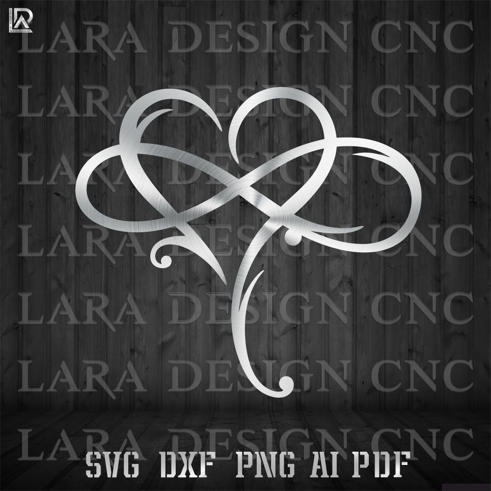 Infinity Heart CNC plasma and laser cutting design, featuring intertwined heart and infinity symbols in black silhouette