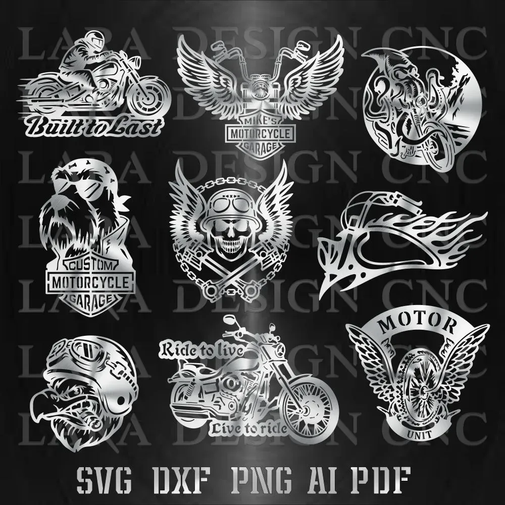 A vibrant collage showcasing multiple intricate motorcycle chopper and biker-themed designs, ready for CNC plasma and laser 
