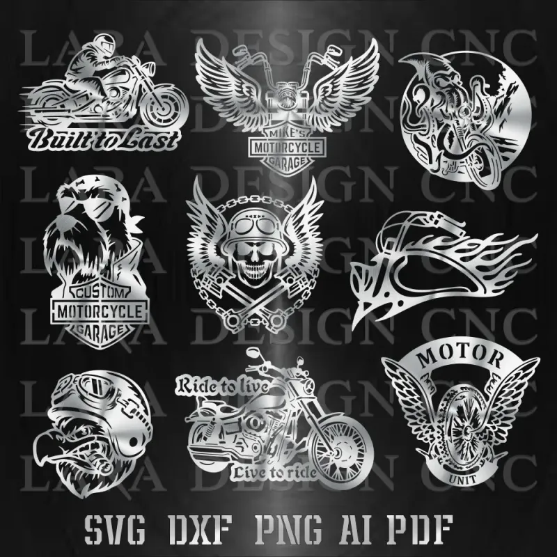A vibrant collage showcasing multiple intricate motorcycle chopper and biker-themed designs, ready for CNC plasma and laser 