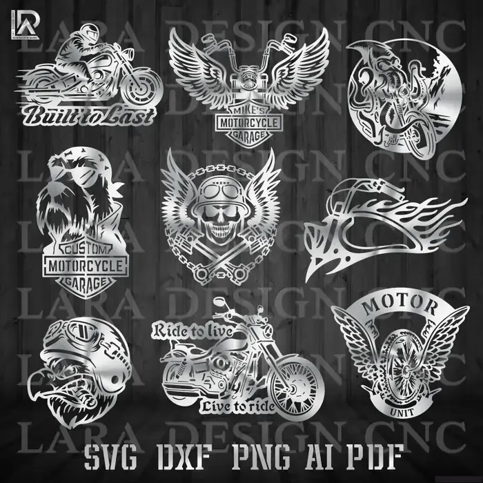 collage showcasing multiple intricate motorcycle chopper and biker-themed designs, ready for CNC plasma and laser 