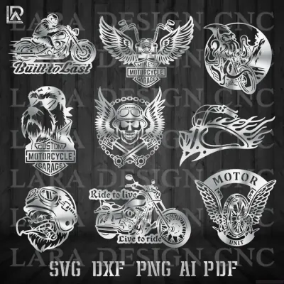 collage showcasing multiple intricate motorcycle chopper and biker-themed designs, ready for CNC plasma and laser 