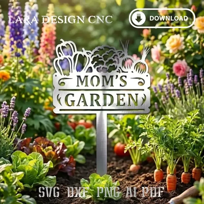 Decorative Mom’s Garden Stake metal art design featuring floral accents; downloadable DXF and SVG vector files 