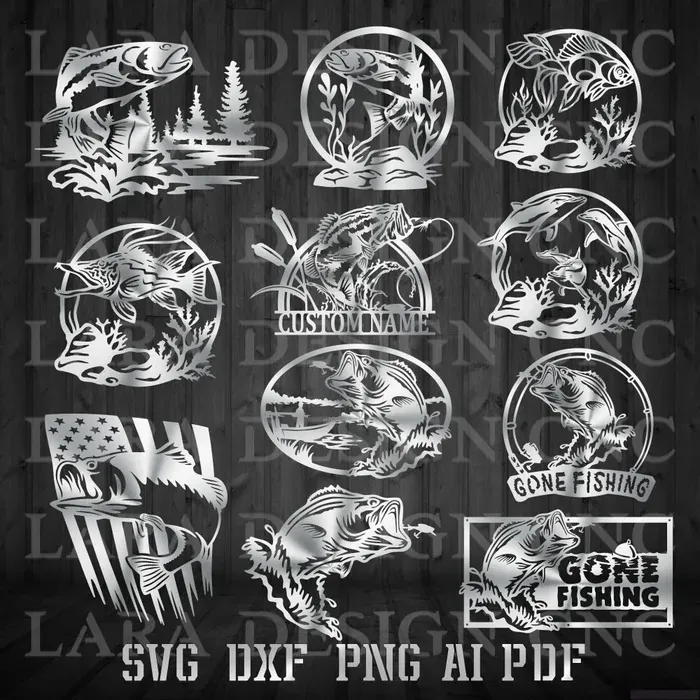 Fishing bundle cover showing trout, bass, and marlin vector DXF SVG PDF designs ready for CNC plasma and laser cutting 