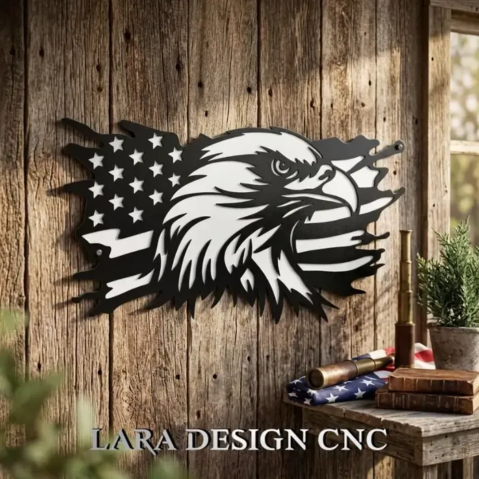 American Eagle flag metal wall art plasma cut from 14-gauge steel hanging on a wooden wall