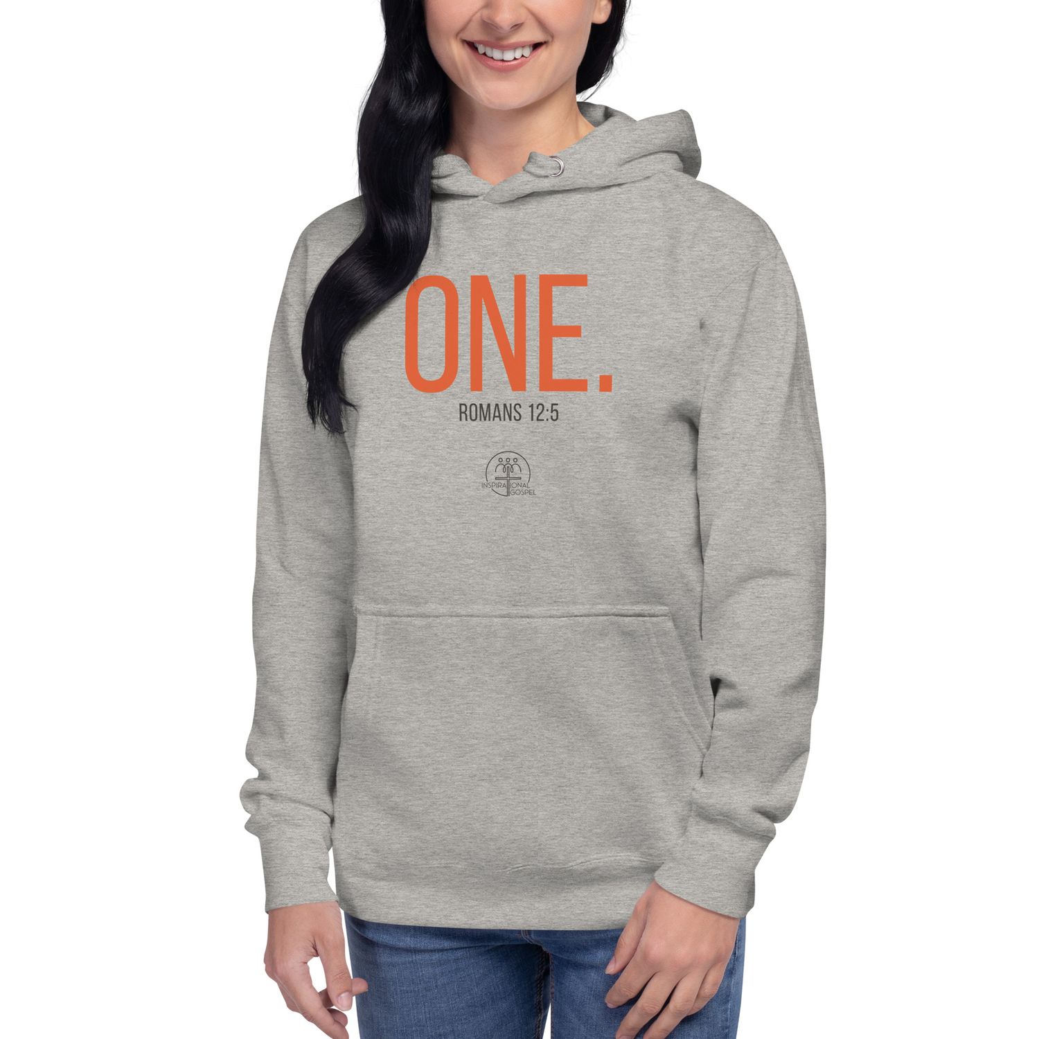 ONE. Romans 12:5 Unisex Hoodie, Front View, Color: Carbon Grey