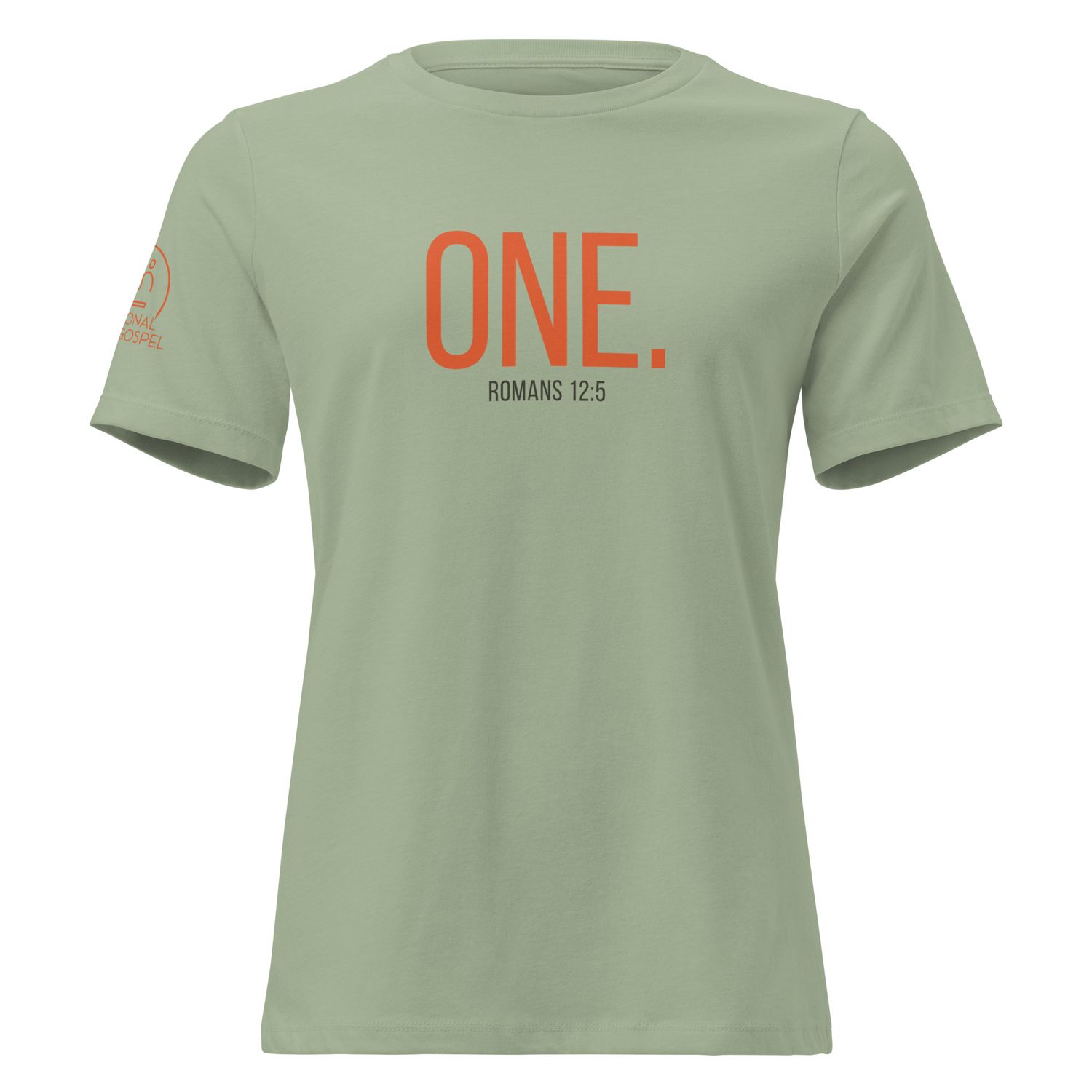 ONE. Romans 12:5 Women's Relaxed T-shirt, Front View, Color: Sage