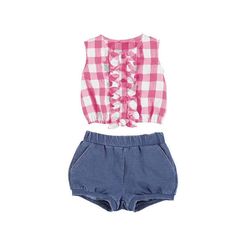 Mayoral 1240, Baby Girl Sleeveless Button Up with Denim Shorts, Color: pink, Size: 6