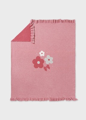 Mayoral 9143 baby jaquard blanket with designs, Color: Pink with fringes and flowers