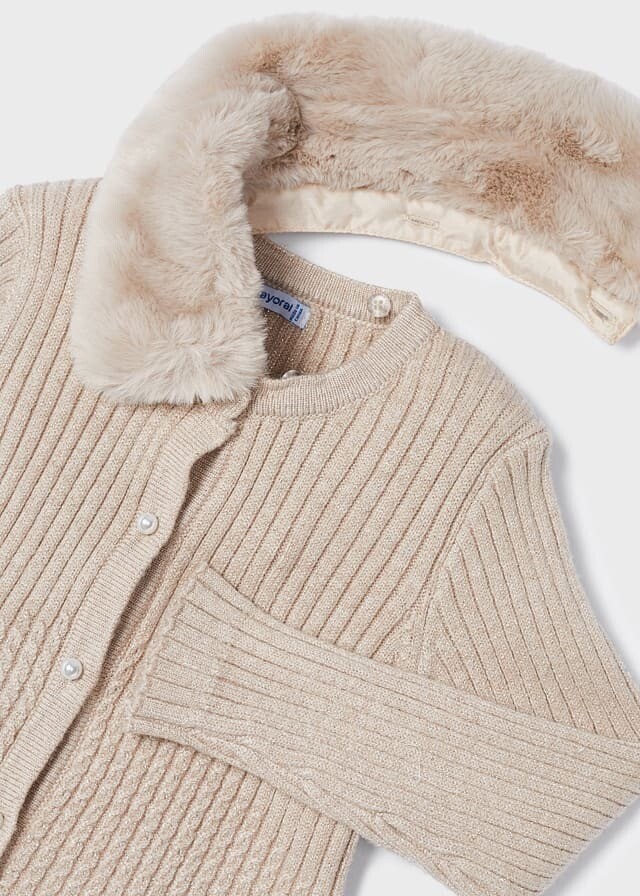 Mayoral 4309 Girl’s Long Sleeve Ribbed Faux Fur Collar Cardigan