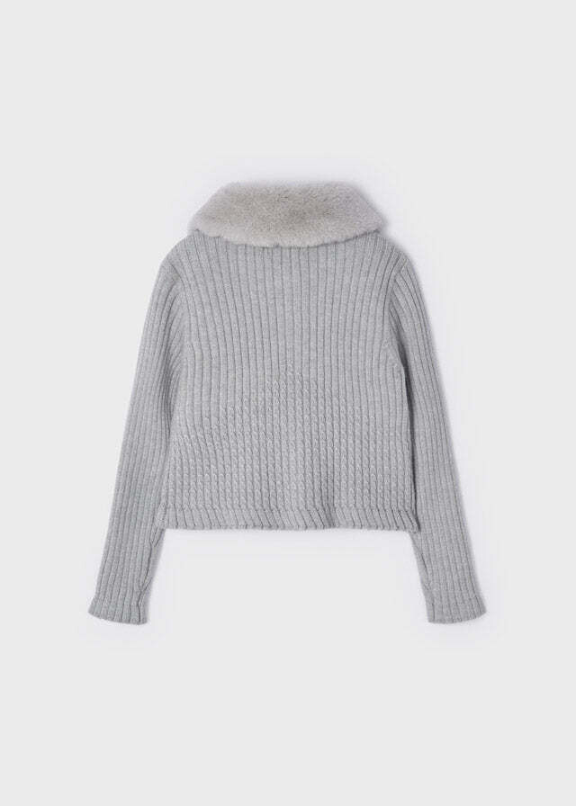 Mayoral 4309 Girl’s Long Sleeve Ribbed Faux Fur Collar Cardigan
