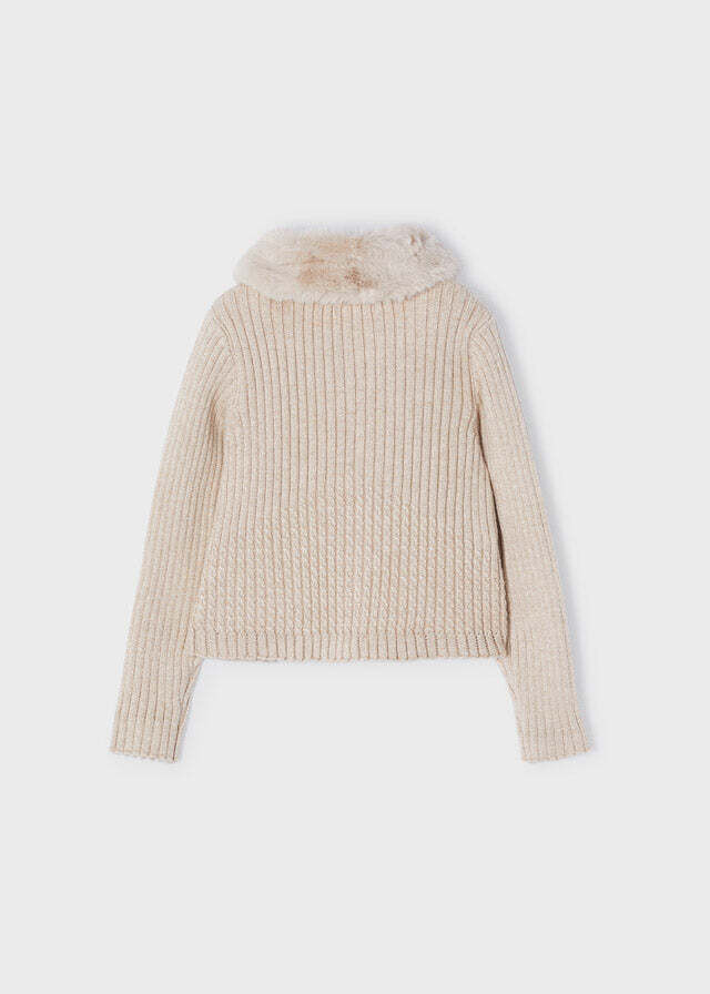 Mayoral 4309 Girl’s Long Sleeve Ribbed Faux Fur Collar Cardigan