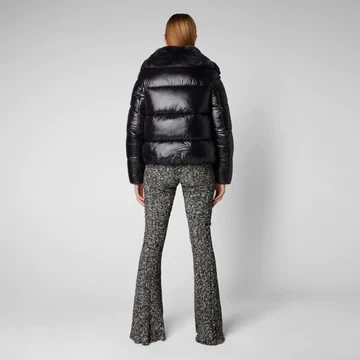Save The Duck D30974W-LUCK15 Women's Moma Faux Fur Collar Shiny Puffer Coat – Black