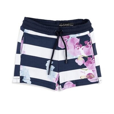 Guess K2RQ13KA6R0 girls navy and white striped shorts with blue and purple flowers on them