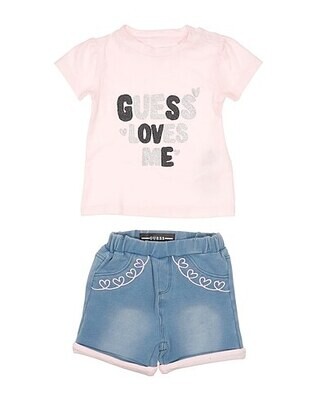 Guess A2RG12K6YW1 baby girls pink t-shirt and with glitter writing and matching shorts with pink embroidered hearts