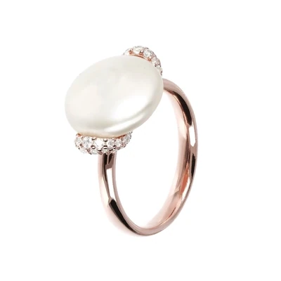 Bronzallure WSBZ01188.WPRL Golden Rose-18KT Plated-White CZ-White Pearl Ring