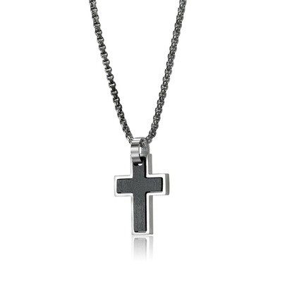 Italgem SC72 Men’s S. Steel Black- Carbon- Fiber Matte- Cross Round- Box Chain Necklace 22”