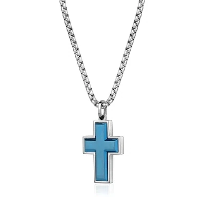Italgem SC83 Men's Blue-IP S. Steel Brushed Cross & Round Box Chain Necklace 22