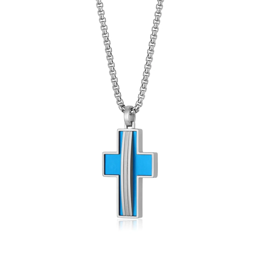 Italgem SC81 Mens Blue Steel Matte Cross Necklace Size 22