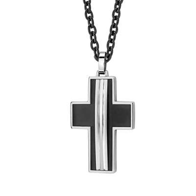 Italgem SC53 Men's Black- IP S. Steel Brushed Cross Black- Round- Box Chain Necklace 22