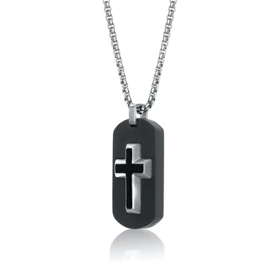 Italgem SP98 Men’s S. Steel Black-Matte Cross-Dogtag Carbon-Fiber Pendant Necklace